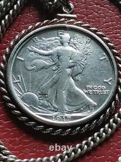Rare 1917 Walking Liberty Half Dollar Pendant on a 24.925 Antique Silver Chain