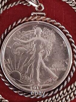 Rare 1917 Walking Liberty Half Dollar Pendant on a 24.925 Antique Silver Chain