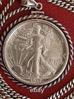 Rare 1917 Walking Liberty Half Dollar Pendant on a 24.925 Antique Silver Chain