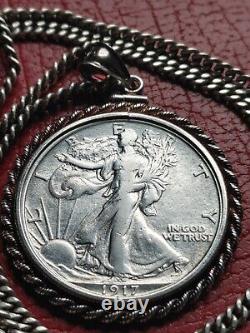 Rare 1917 Walking Liberty Half Dollar Pendant on a 24.925 Antique Silver Chain