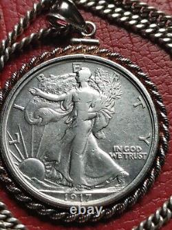 Rare 1917 Walking Liberty Half Dollar Pendant on a 24.925 Antique Silver Chain
