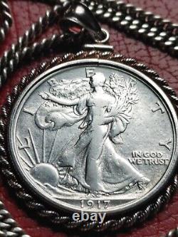 Rare 1917 Walking Liberty Half Dollar Pendant on a 24.925 Antique Silver Chain