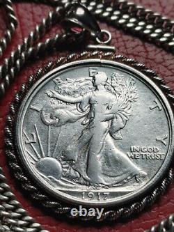 Rare 1917 Walking Liberty Half Dollar Pendant on a 24.925 Antique Silver Chain