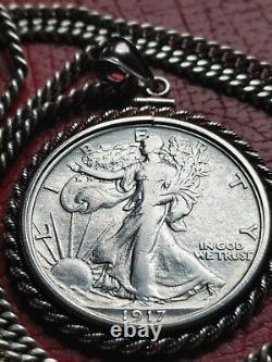 Rare 1917 Walking Liberty Half Dollar Pendant on a 24.925 Antique Silver Chain