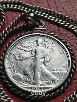 Rare 1917 Walking Liberty Half Dollar Pendant on a 24.925 Antique Silver Chain