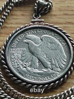 Rare 1917 Walking Liberty Half Dollar Pendant on a 24.925 Antique Silver Chain