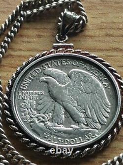 Rare 1917 Walking Liberty Half Dollar Pendant on a 24.925 Antique Silver Chain