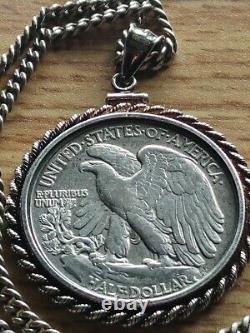 Rare 1917 Walking Liberty Half Dollar Pendant on a 24.925 Antique Silver Chain