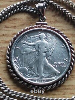 Rare 1917 Walking Liberty Half Dollar Pendant on a 24.925 Antique Silver Chain