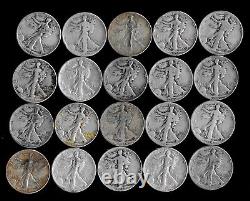 Roll (20) Liberty Walking Half Dollars 90% Silver (worn/damaged/cull) Lot C21