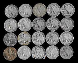 Roll (20) Liberty Walking Half Dollars 90% Silver (worn/damaged/cull) Lot C21
