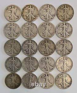Roll Of 20 U. S. 90% Silver Walking Liberty Half Dollars
