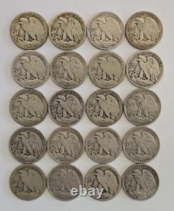 Roll Of 20 U. S. 90% Silver Walking Liberty Half Dollars
