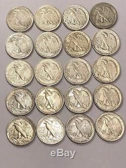Roll Of (20) Uncirculated Walking Liberty Silver Half Dollars. AU BU Condition