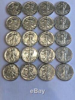 Roll Of Uncirculated Walking Liberty Half Dollars 90% Silver 20 Coins Lot AU BU