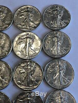 Roll Of Uncirculated Walking Liberty Half Dollars 90% Silver 20 Coins Lot AU BU