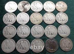 Roll of Liberty Walking Silver Half Dollars, 20 Silver 50C Coins, Lower Grade