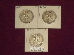 SILVER 1937-P-D-S Silver Walking Liberty half dollars (3 coins) Fine Condition