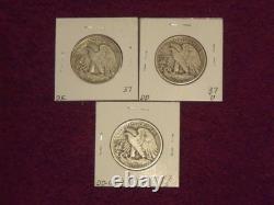 SILVER 1937-P-D-S Silver Walking Liberty half dollars (3 coins) Fine Condition