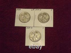 SILVER 1939-P-D-S Silver Walking Liberty Half Dollars (3 coins) F-VF condition