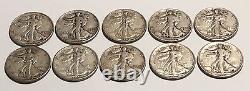 TEN 90% Circulated Silver Liberty Walking Half Dollars $5 Face Value