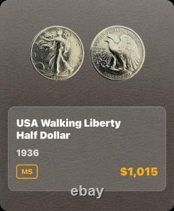USA Walking Liberty Half Dollar, 1936, No Mint Mark, Excellent Condition Coin