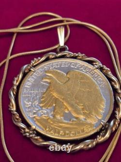 US 1941 Silver Walking Liberty Pendant 20 Gold plated Sterling Chain w Coa box