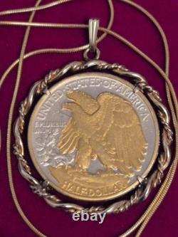 US 1941 Silver Walking Liberty Pendant 20 Gold plated Sterling Chain w Coa box