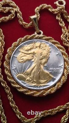 US 1945.900 Silver Walking Liberty Pendant 20 Gold filled Rope Chain W Box Coa