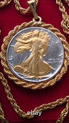 US 1945.900 Silver Walking Liberty Pendant 20 Gold filled Rope Chain W Box Coa