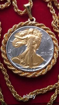 US 1945.900 Silver Walking Liberty Pendant 20 Gold filled Rope Chain W Box Coa