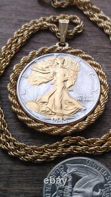 US 1945.900 Silver Walking Liberty Pendant 20 Gold filled Rope Chain W Box Coa US 1945.900 Silver Walking Liberty Pendant 20 Gold filled Rope Chain W Box Coa
