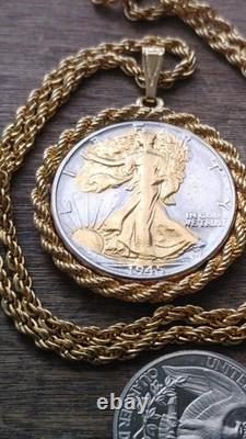 US 1945.900 Silver Walking Liberty Pendant 20 Gold filled Rope Chain W Box Coa