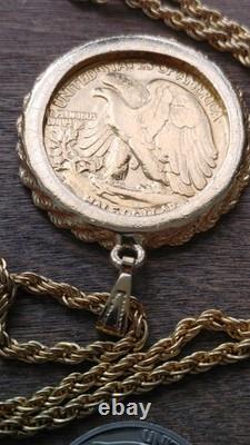 US 1945.900 Silver Walking Liberty Pendant 20 Gold filled Rope Chain W Box Coa