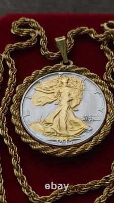 US 1945.900 Silver Walking Liberty Pendant 20 Gold filled Rope Chain W Box Coa