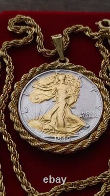 US 1945.900 Silver Walking Liberty Pendant 20 Gold filled Rope Chain W Box Coa