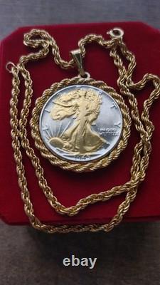 US 1945.900 Silver Walking Liberty Pendant 20 Gold filled Rope Chain W Box Coa