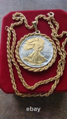 US 1945.900 Silver Walking Liberty Pendant 20 Gold filled Rope Chain W Box Coa
