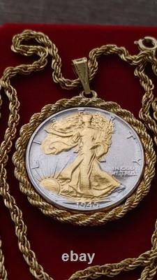 US 1945.900 Silver Walking Liberty Pendant 20 Gold filled Rope Chain W Box Coa US 1945.900 Silver Walking Liberty Pendant 20 Gold filled Rope Chain W Box Coa