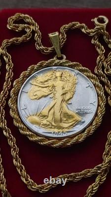 US 1945.900 Silver Walking Liberty Pendant 20 Gold filled Rope Chain W Box Coa
