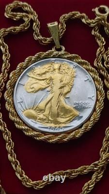 US 1945.900 Silver Walking Liberty Pendant 20 Gold filled Rope Chain W Box Coa