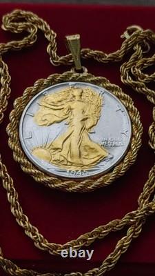 US 1945.900 Silver Walking Liberty Pendant 20 Gold filled Rope Chain W Box Coa