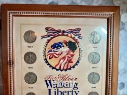 VTG Framed 1934-47 Silver Walking Liberty Half Dollar-14 Coins -#1149-90% Silver