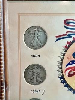 VTG Framed 1934-47 Silver Walking Liberty Half Dollar-14 Coins -#1149-90% Silver