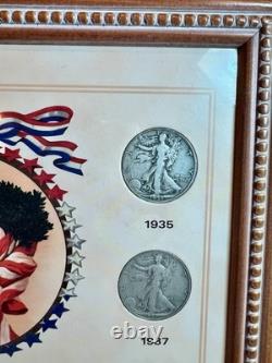 VTG Framed 1934-47 Silver Walking Liberty Half Dollar-14 Coins -#1149-90% Silver