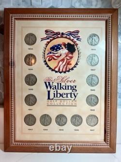 VTG Framed 1934-47 Silver Walking Liberty Half Dollar-14 Coins -#1149-90% Silver