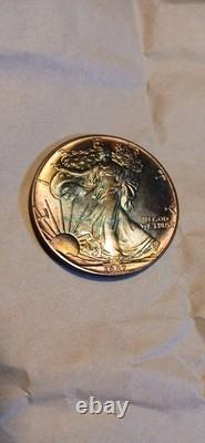 Walking Liberty 1 Oz Silver Beautiful Rainbow Toning Uncirculated Gem 1987