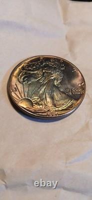 Walking Liberty 1 Oz Silver Beautiful Rainbow Toning Uncirculated Gem 1987