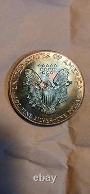Walking Liberty 1 Oz Silver Beautiful Rainbow Toning Uncirculated Gem 1987