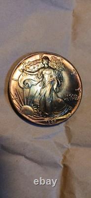 Walking Liberty 1 Oz Silver Beautiful Rainbow Toning Uncirculated Gem 1987